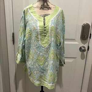 Susan Bristol Green and Blue Paisley Blouse 55% linen women’s 2X